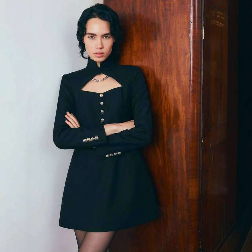 Hollowed-out Button-down Slim-fit Mini Dress - L, Black image