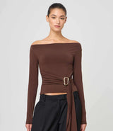 Off-the-Shoulder Top with Side Tie - L, Brown image