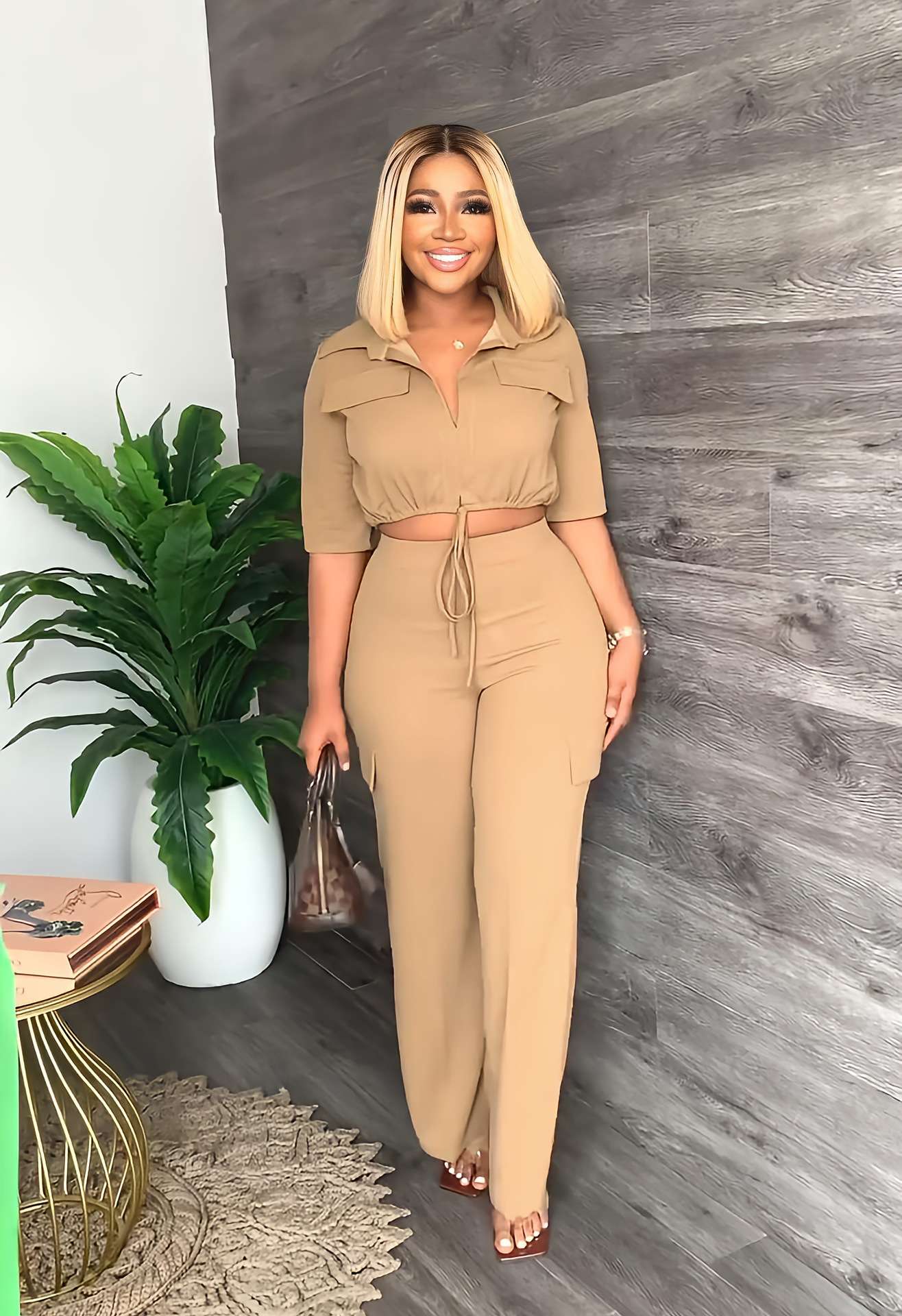 Casual Drawstring Top High Waist Pants Commuting Set - L, Beige image