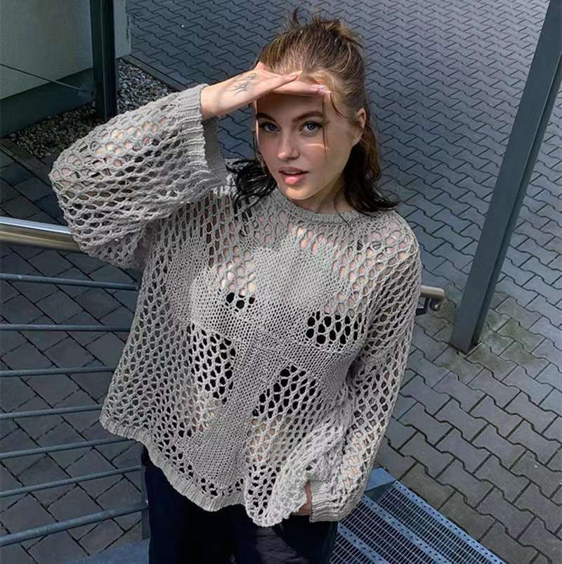 Hollow Out Crochet Knit Crop Tops Sweater - S, Grey image