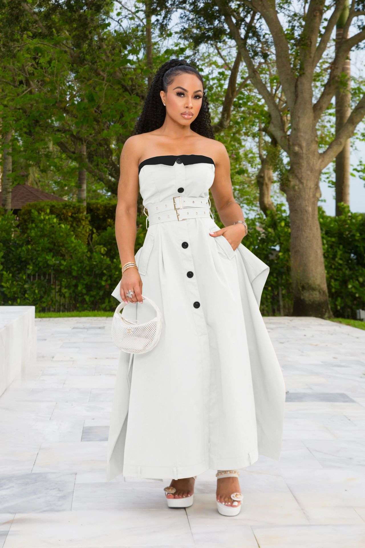 Strapless Button-Down Belted Maxi Dress - L, White image