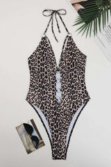 One Piece Plunge Skinny Straps Swimsuit - XL, Multi Brown image