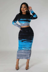 Bodycon Tie Bye Top Midi Skirt Club Set - S, Multi Blue image