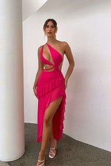 Cut-Out Asymmetrical Dress with Ruffle Details - S, Rose image