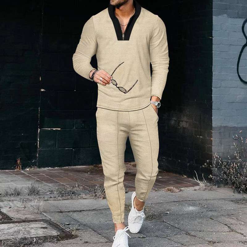 Long Sleeve V-Neck Sports T-Shirt And Pants Set - M, Beige image