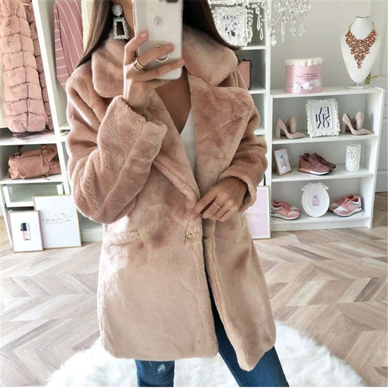 Front Pockets Lapel Neck Fuzzy Jacket - M, Beige image