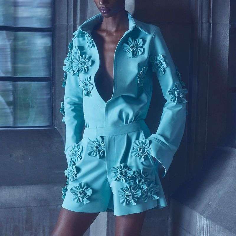 3D Floral Design Collared Romper - M, Blue image