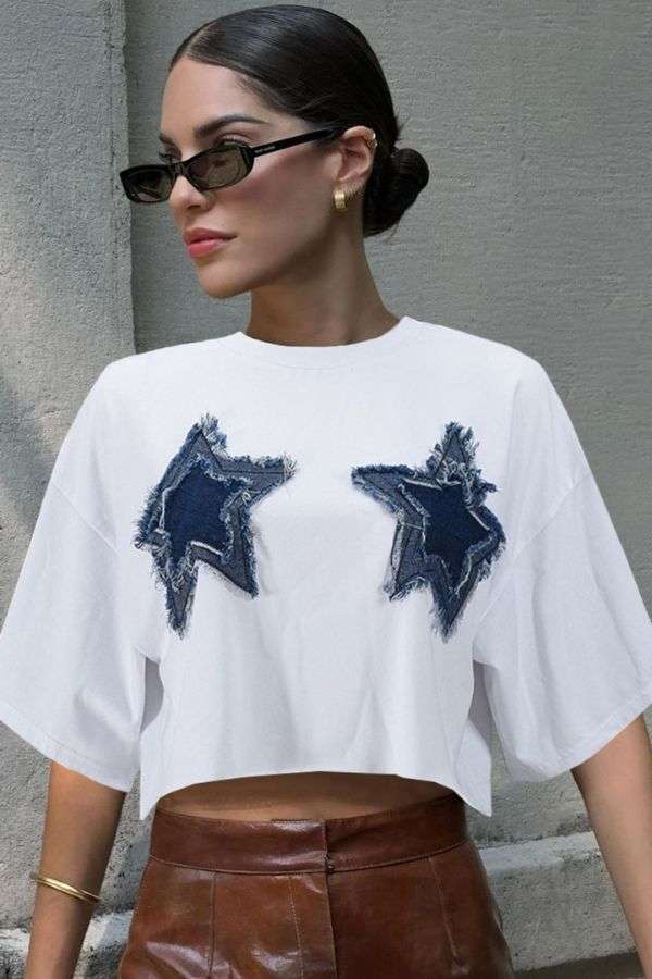 Star Frayed Patchwork Crop T-Shirt image 1