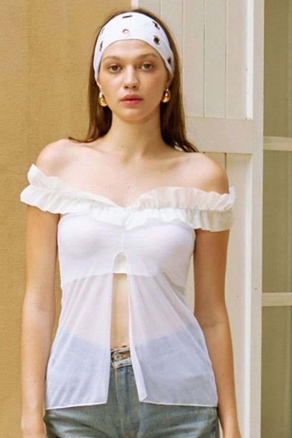 Elegant Off-Shoulder Ruffle Top with Front Tie Detail image 1