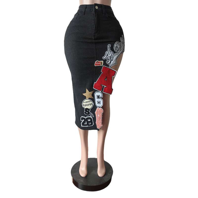 Embroidered Patchwork Denim Midi Skirt image 3