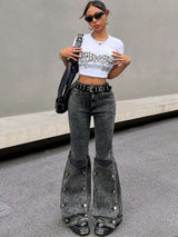 Pocket Patchwork Fringed Flare Casual Jeans image 0