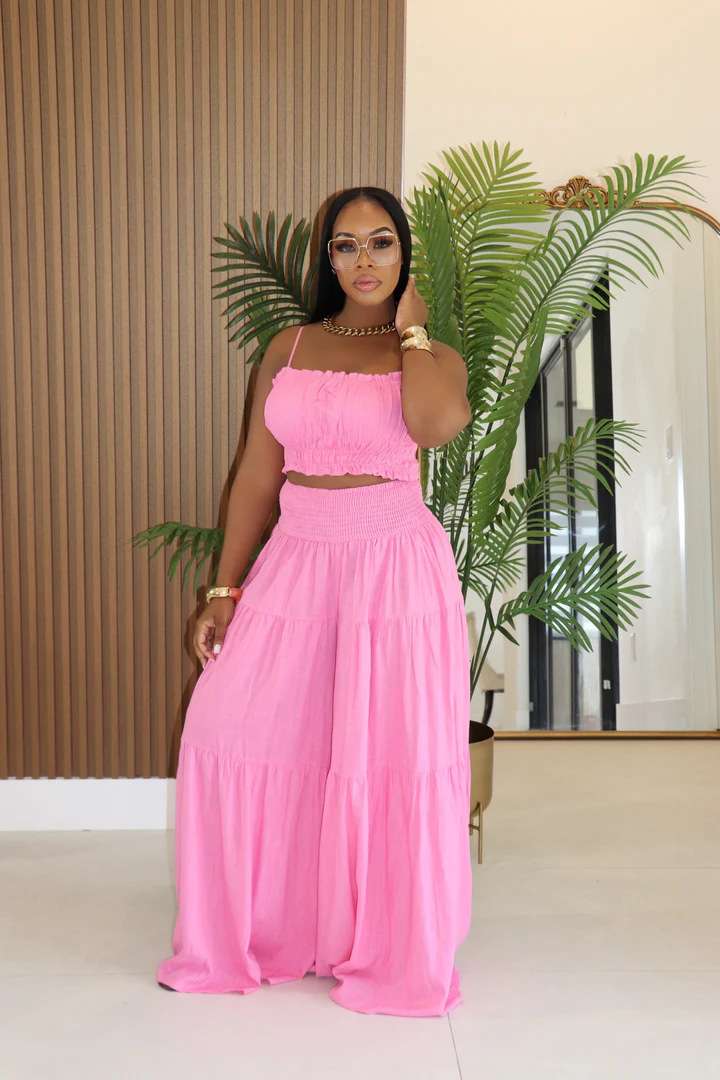 Strappy Top and Wide-Leg Pants Summer Outfit - M, Pink image