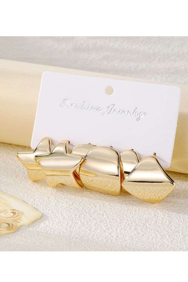 Elegant Star & Geometric Earrings Set - Free Size, Gold image