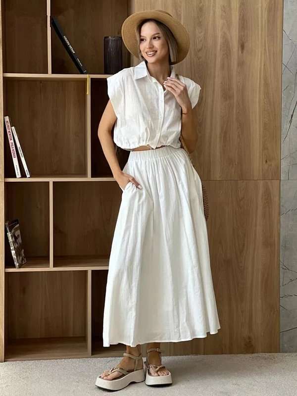 Two-Piece Shirt and Maxi Skirt Set - S, White image