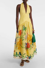 V Neck Floral Embroidered Maxi Dress - Yellow, L image