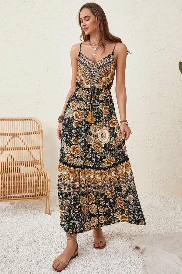 Retro Boho Floral Tassel Tie Maxi Dress Casual image 2