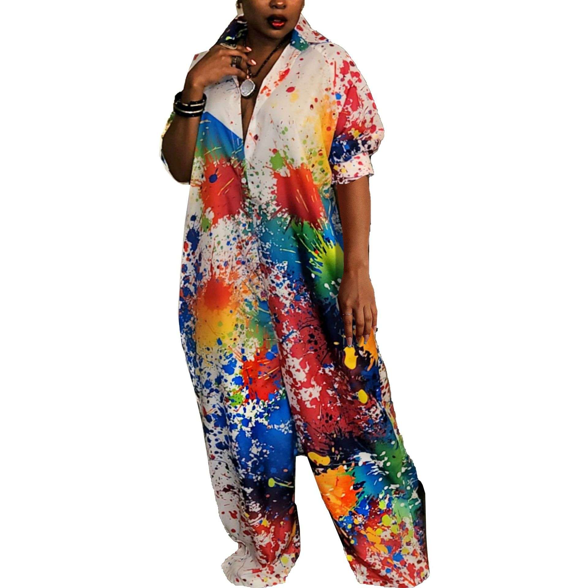 Half Sleeve Printed Baggy Jumpsuit - XL, Multi Beige image