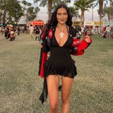 Ruffled Tiered Dress with Deep V Neckline - L, Black image