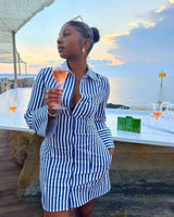 Striped Button Down Shirt Dress - XL, Multi Blue image