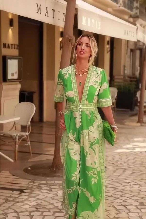 Tropical Plunge Jumpsuit with Floral Print - Green, S image