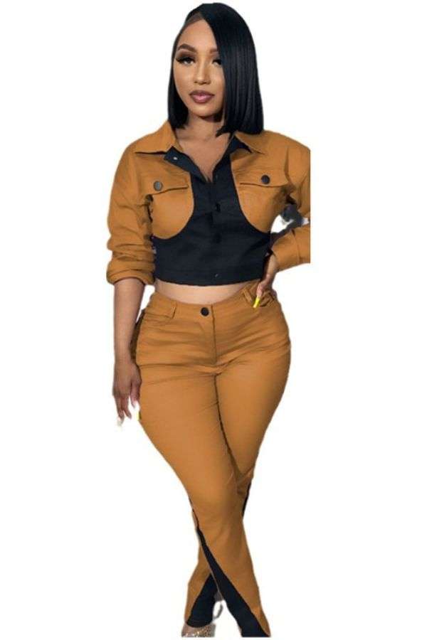 Casual Patchwork Long Sleeve Top and Pants Set - L, Copper Brown image