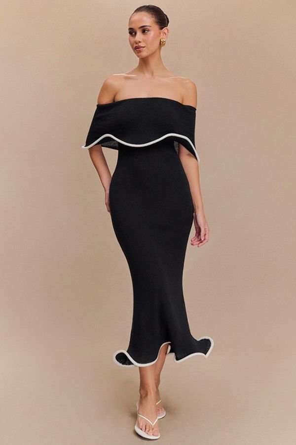 Off-Shoulder Black Bodycon Midi Dress image 0
