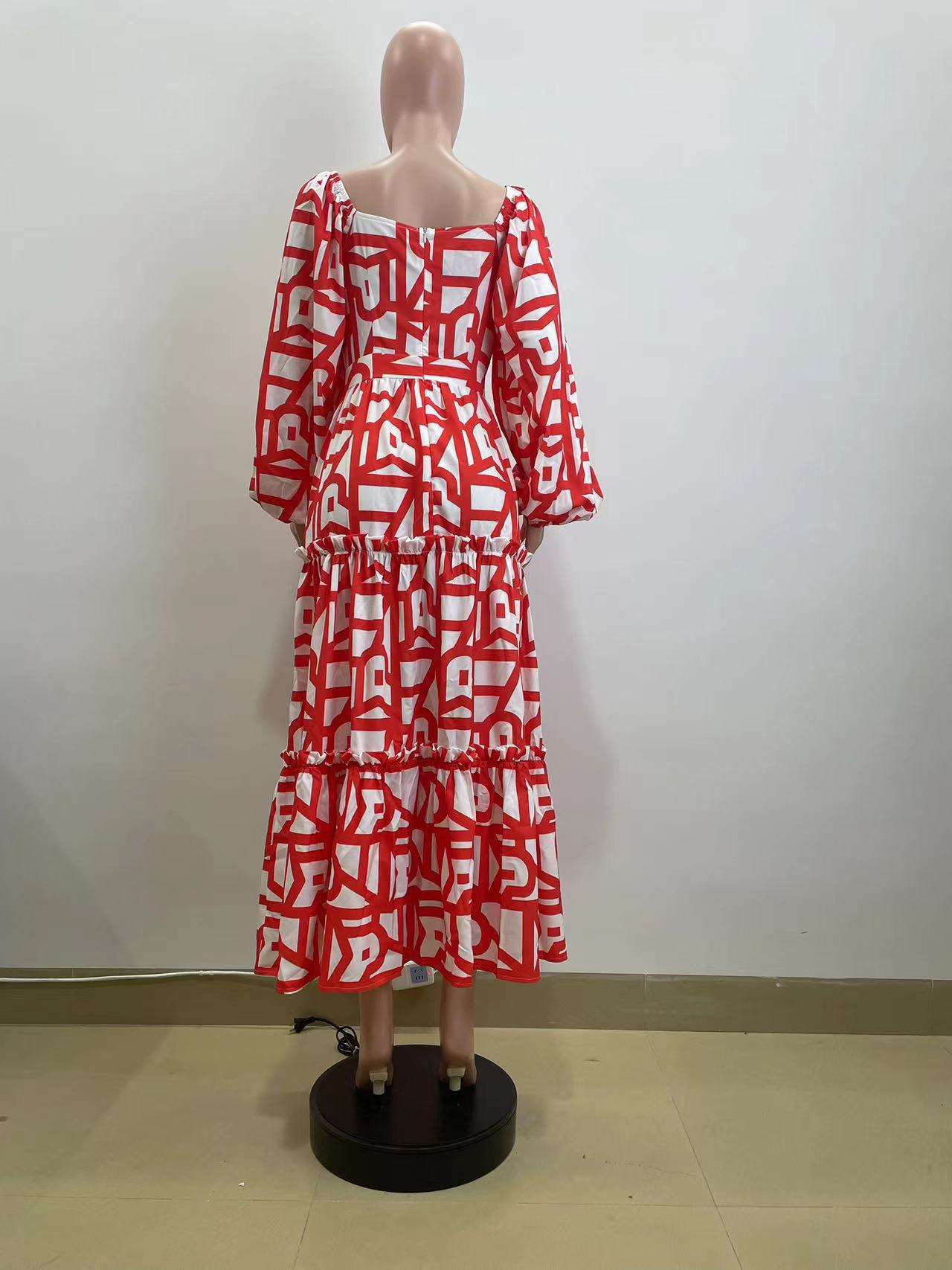 Spring elegant slit printed u-neck dress image 4