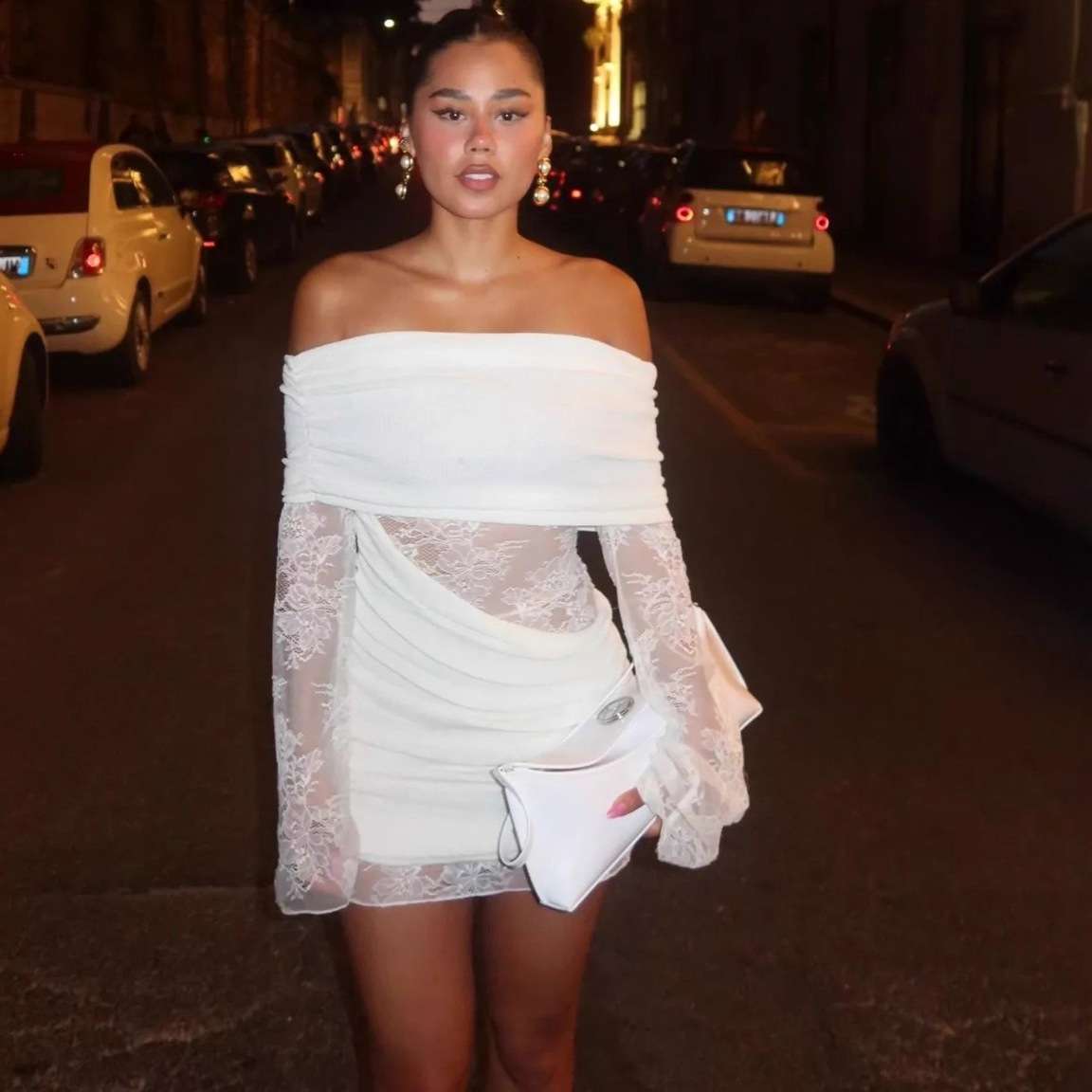 Off-Shoulder Lace Dress - L, White image