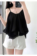 Sleeveless Top with Ruffled Hem - Black, L image