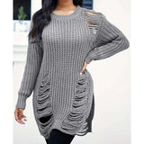 Long Sleeve Ripped Casual Loose Pullover Sweater - XL, Grey image