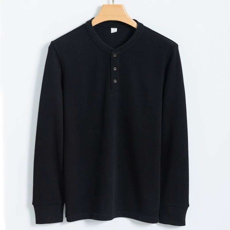 Henley Neck Cotton T-shirt - L, Black image