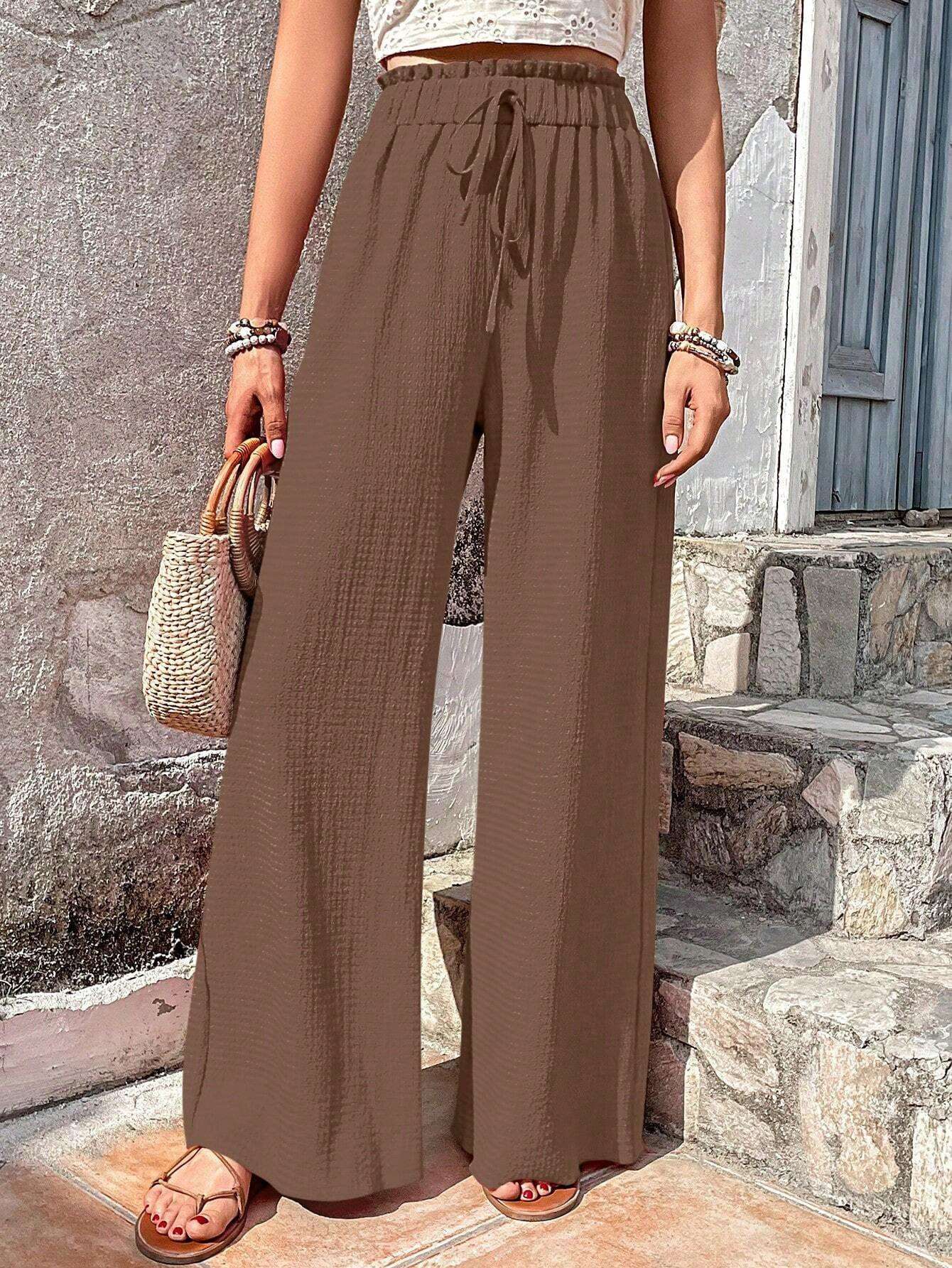 Wide Leg Flowy Pants Palazzo Trousers - M, Coffee Brown image