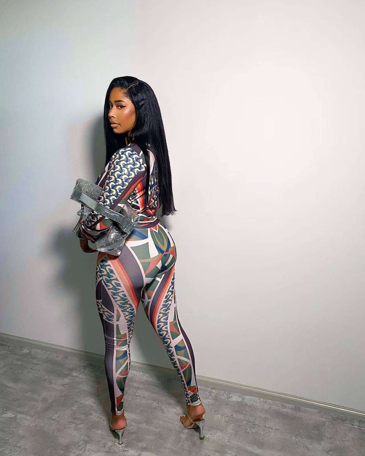 Geometric Print Zipper Front Two Piece Set image 2