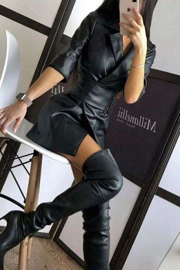 Fashion Solid Color PU Dress With Belt image 2