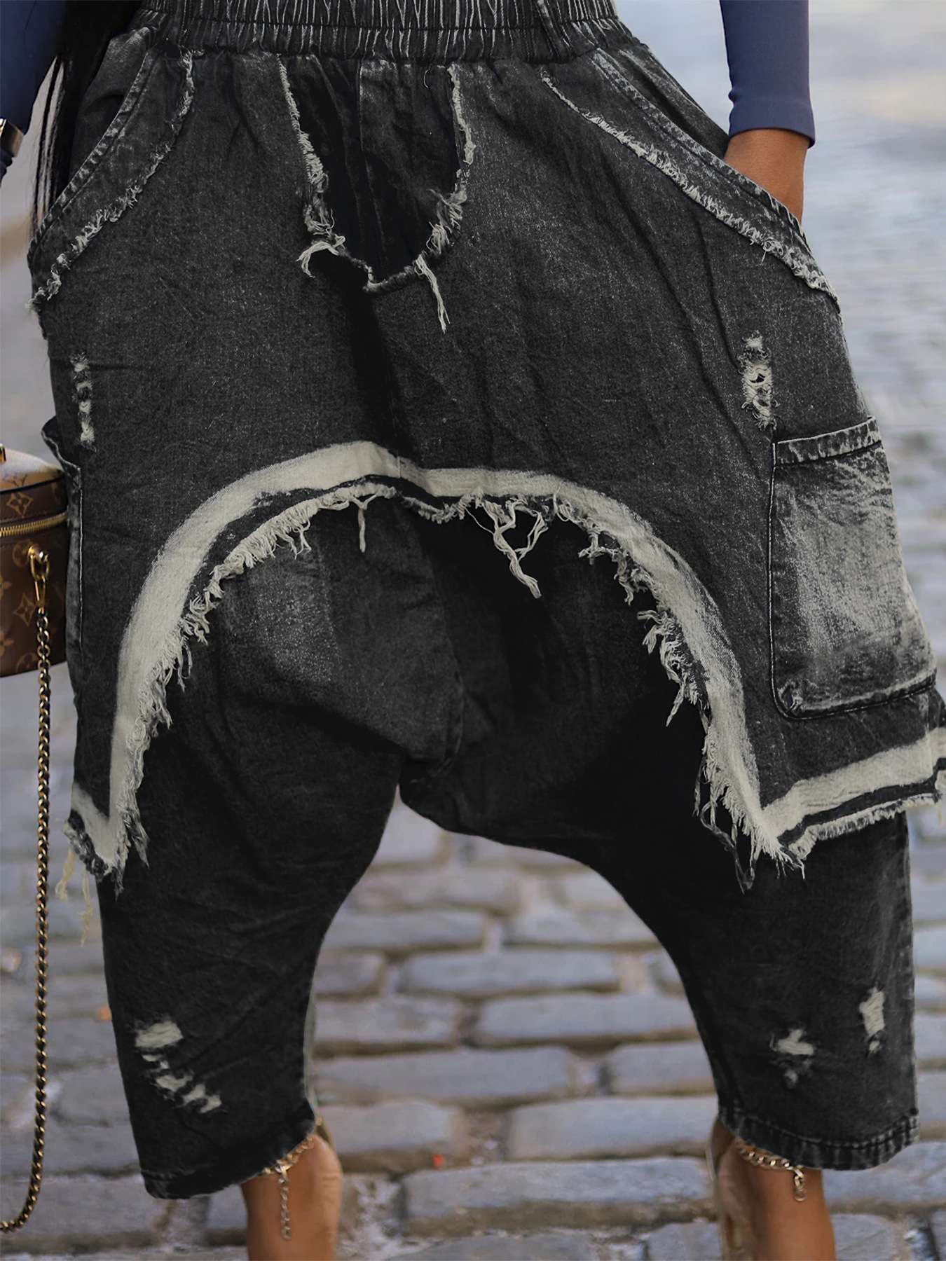 Asymmetrical Edgy Layered Distressed Pants - L, Black image