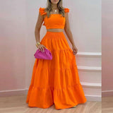 Two-Piece Set with Ruffled Sleeves and Maxi Skirt - M, Orange image