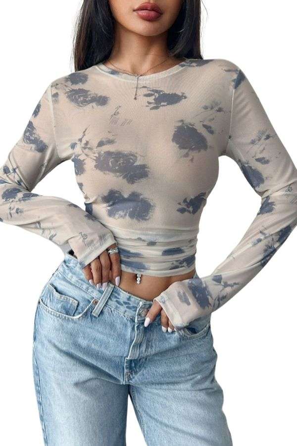 Floral Mesh Long Sleeve Sheer Top - L, Multi Grey image