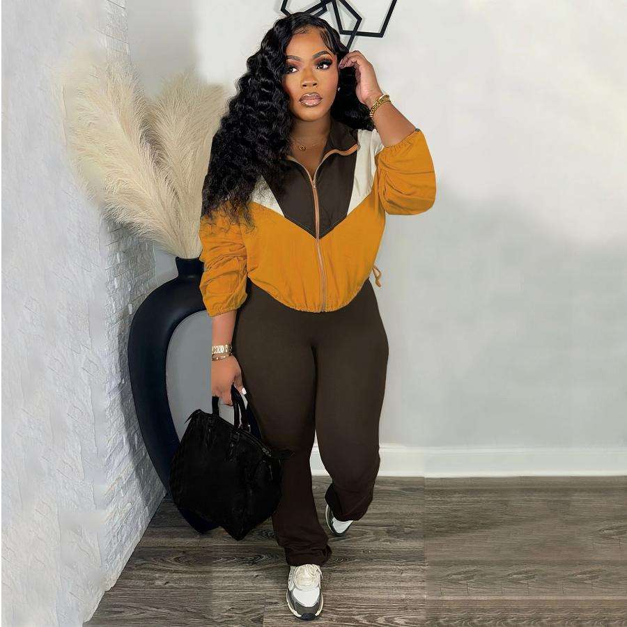 Colorblock Zip Top and Pants Set - M, Brown image