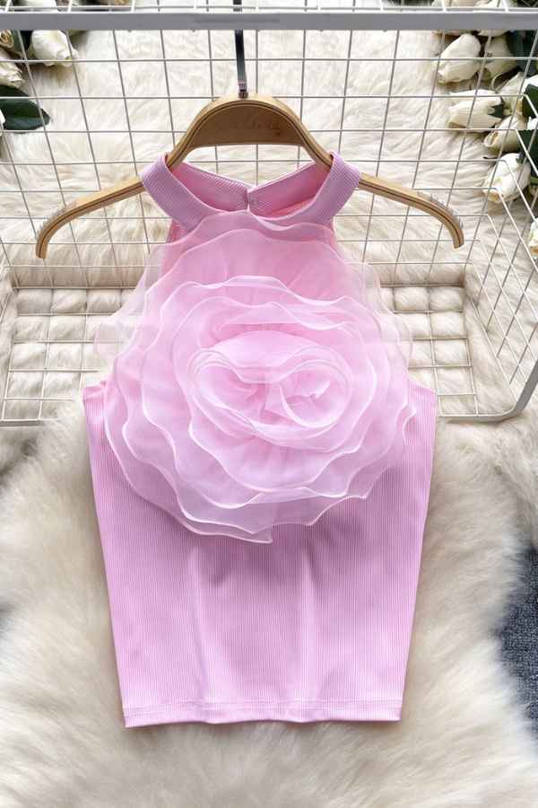 Flower Detail High Neck Sleeveless Fashion Top image 3