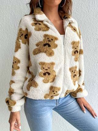 Cozy Teddy Bear Print Fleece Jacket image 1