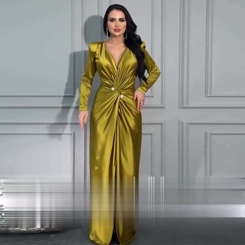 V-Neck Pleated Evening Gown - XL, Dark Yellow image