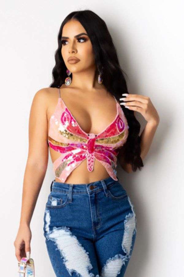 Butterfly Mesh Crop Top - M, Rose image