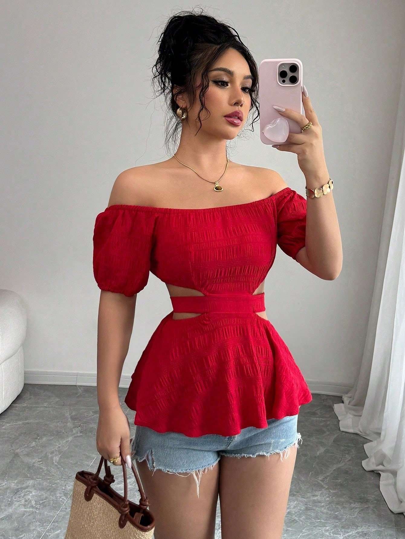 Off-Shoulder Cut-Out Peplum Top image 1