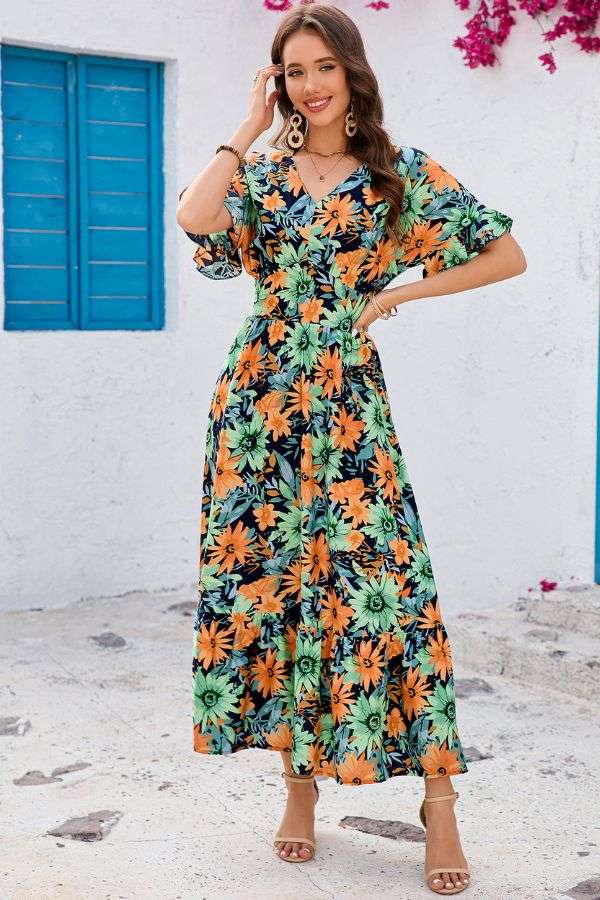 Tropical Floral V-Neck Maxi Dress image 1