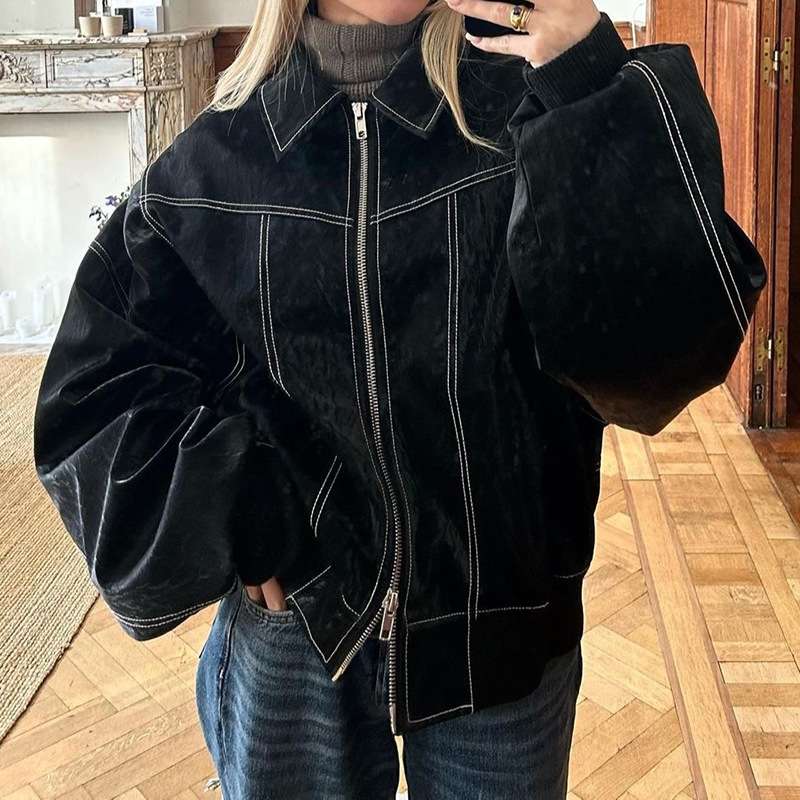 Long Sleeve Turn-down Collar Zip Front Coat - XL, Black image