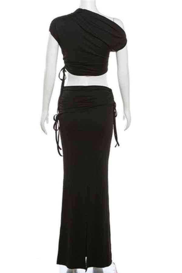 Sexy Low Rise  Drawstring Maxi Skirt Crop Top 2pcs Set image 7