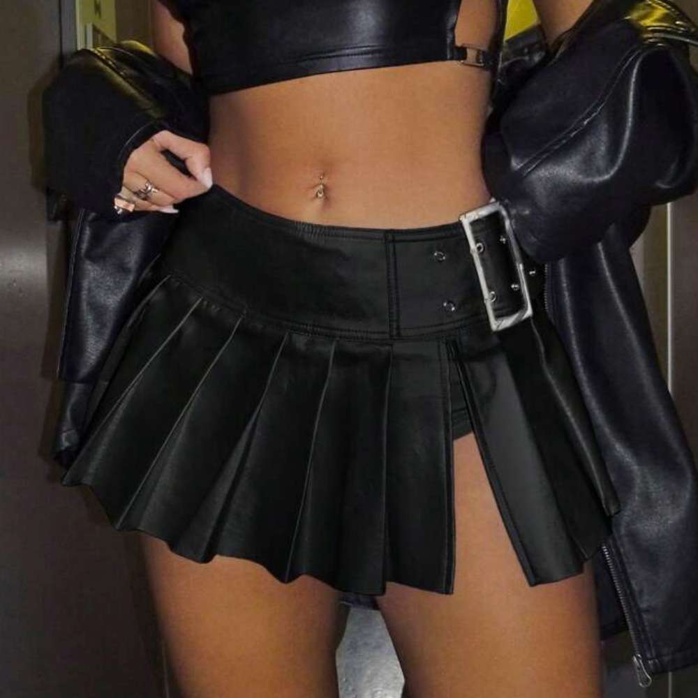 Faux Leather Pleated Mini Skirt - L, Black image