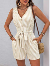 triped Sleeveless Tie-Front Romper - M, Light Beige image