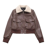 Faux Leather Aviator Jacket - L, Brown image