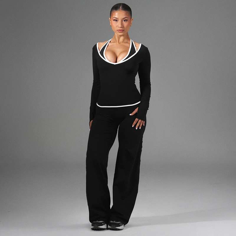 Sleek Top with Cross-Back Sports Bra & Matching Pants - L, Black image